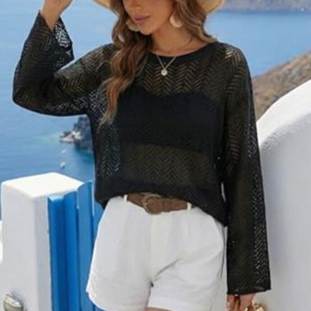 Black Crochet Beach Cover Up Bell Sleeve Mesh Sweater - Picture 2 of 9